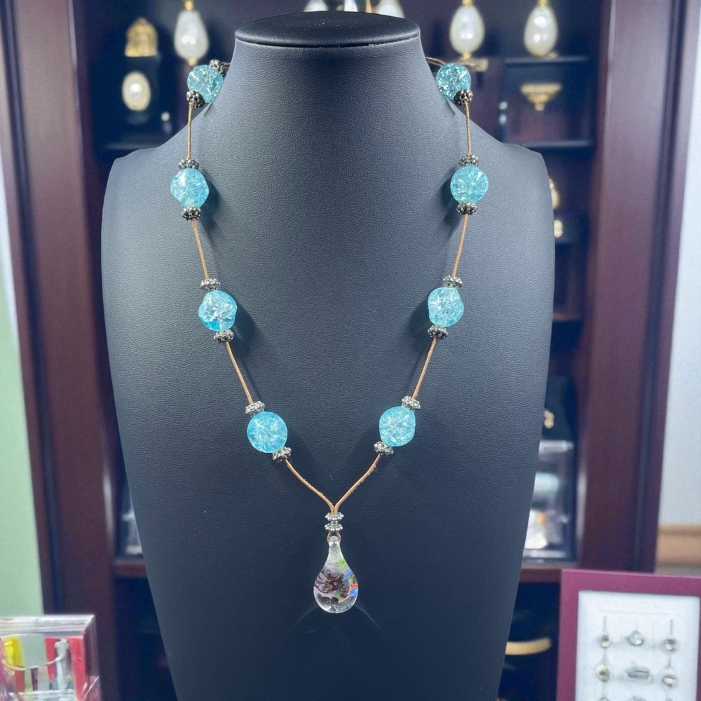 Murano Style Art Glass‎ Pendant Necklace Aqua Beads Boho Coastal Vacation Chic